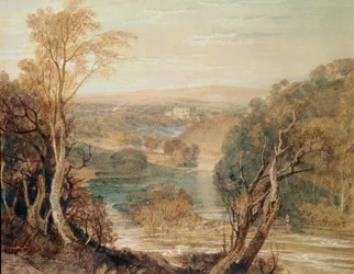La Rivière Wharfe avec une vue lointaine de Barden Tower